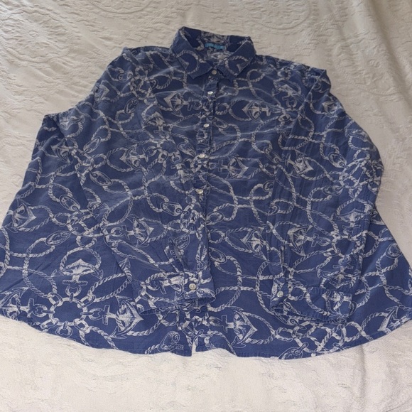 Gently Loved **Rare Print** Nautical Blue Button-Up Shirt by J. Mclaughlin - Picture 1 of 9